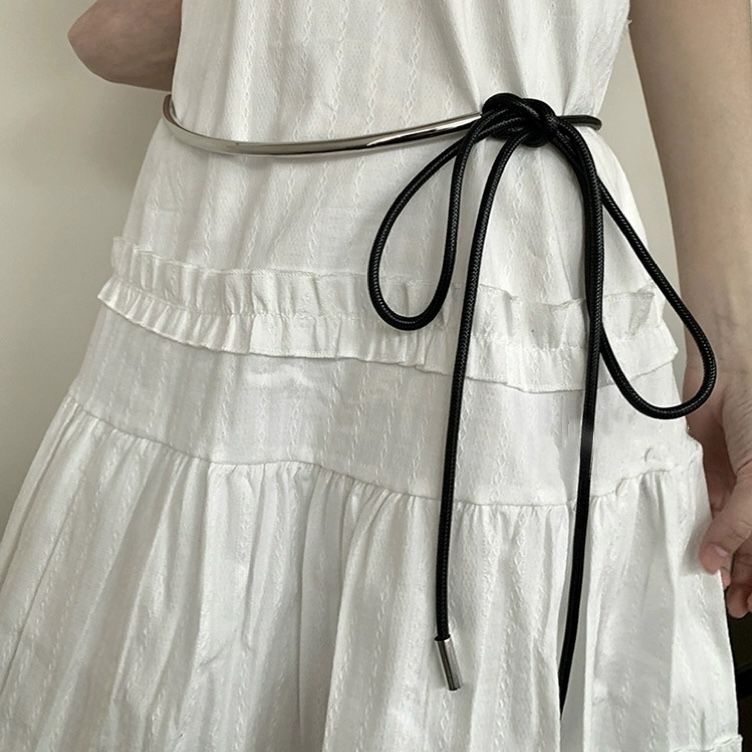 Spring and summer new niche black leather waist long metal round wax rope knot belt decorative chain_voghion.com