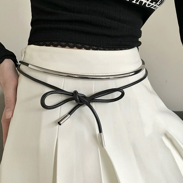 Spring and summer new niche black leather waist long metal round wax rope knot belt decorative chain_voghion.com