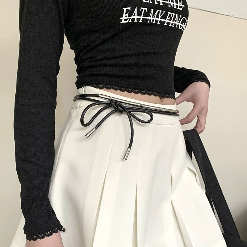 Spring and summer new niche black leather waist long metal round wax rope knot belt decorative chain_voghion.com