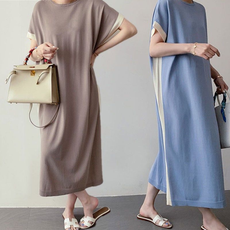 Fat MM Extra Large Size 300 Jin Maternity Long Skirt 2023 Summer Loose Fat-hiding Slimming Stitching Contrast Color T-Shirt Dress