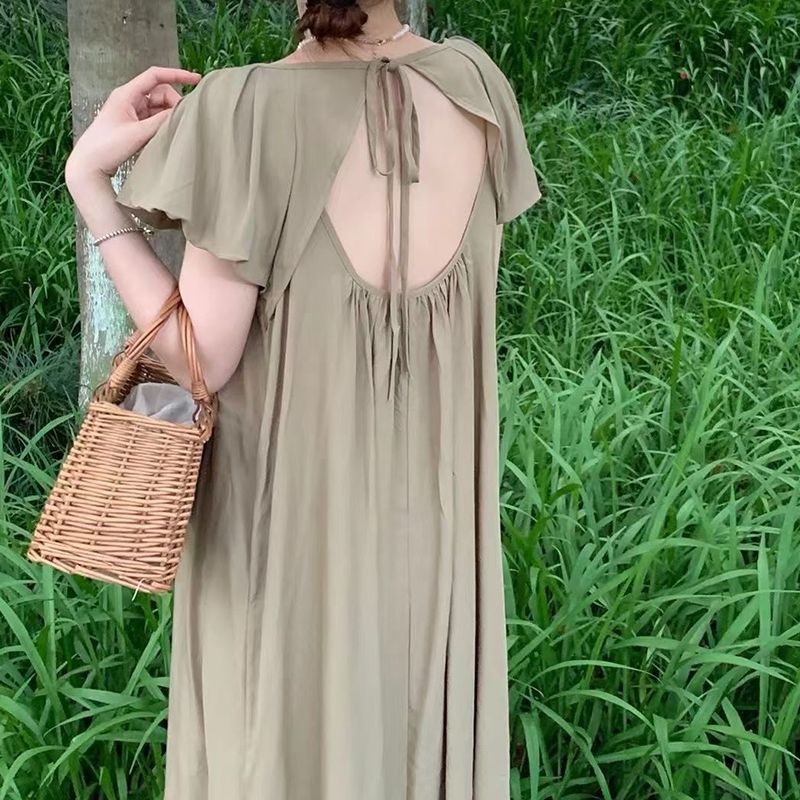 Designed backless small flying sleeve dress for fat MM extra large size 300 pounds summer loose and flesh-covering T-shirt long skirt