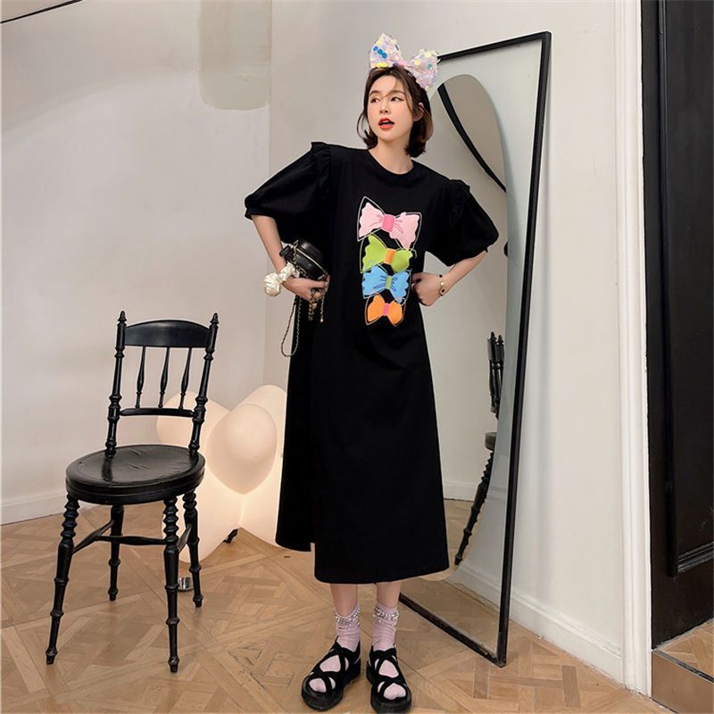 Fat MM extra large size 300 pounds short-sleeved T-shirt dress summer loose and slimming pregnant women lantern sleeve dress long skirt