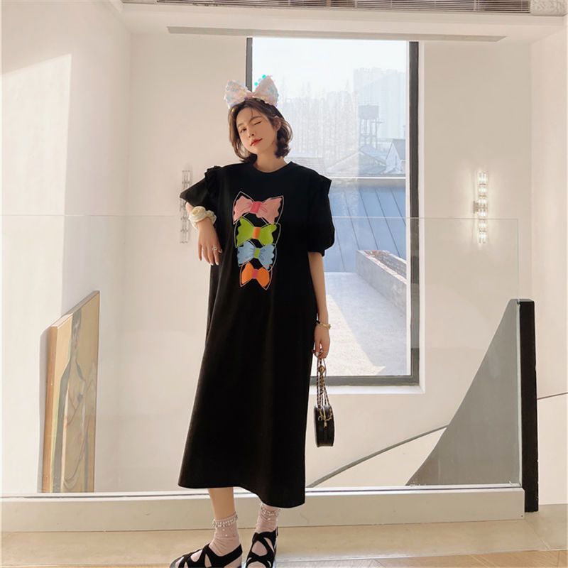Fat MM extra large size 300 pounds short-sleeved T-shirt dress summer loose and slimming pregnant women lantern sleeve dress long skirt