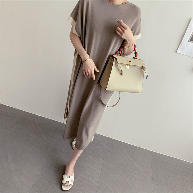 Fat MM Extra Large Size 300 Jin Maternity Long Skirt 2023 Summer Loose Fat-hiding Slimming Stitching Contrast Color T-Shirt Dress