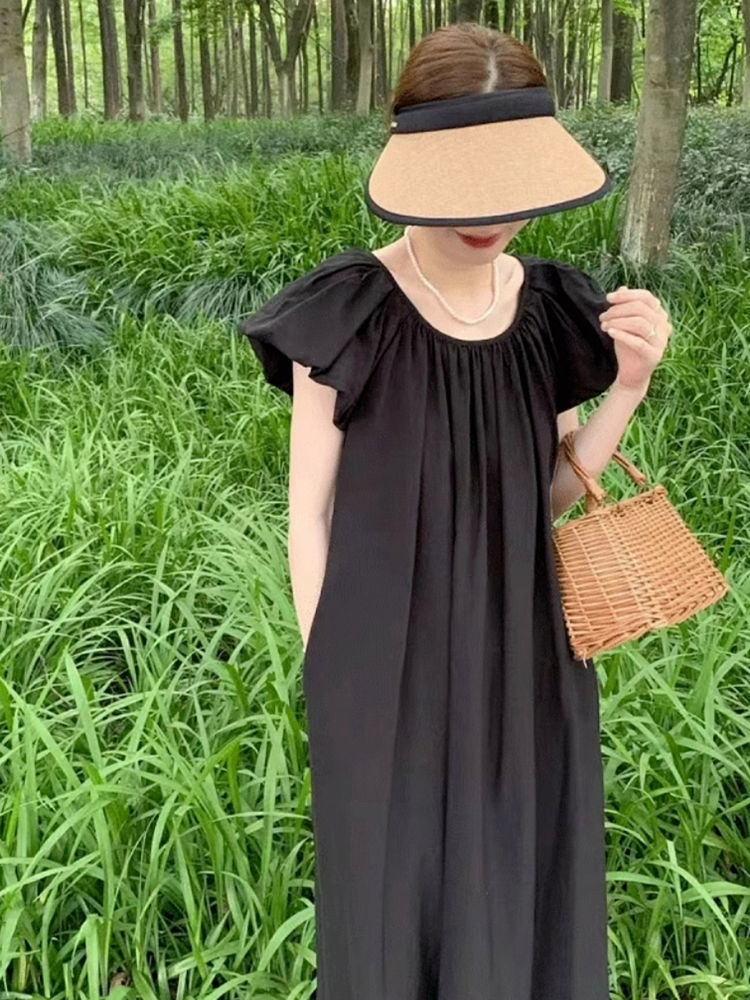 Designed backless small flying sleeve dress for fat MM extra large size 300 pounds summer loose and flesh-covering T-shirt long skirt