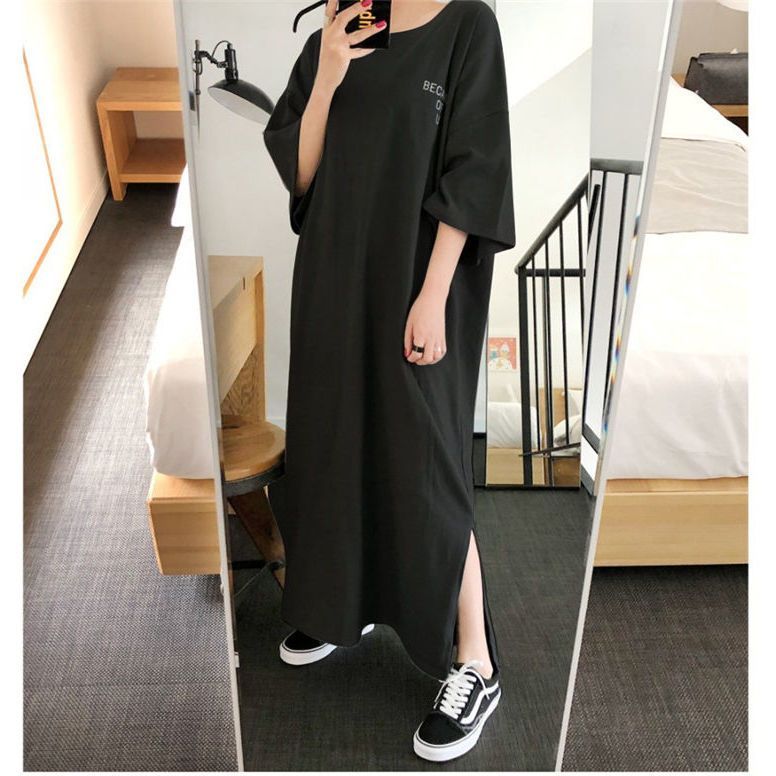 Fat MM Extra Large Size 300 Jin Maternity T-shirt Long Skirt 2024 Spring and Summer Loose Covering Belly and Hiding Flesh Showing Slimming Over-the-Knee Dress