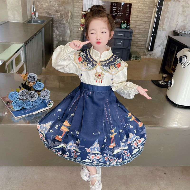 女童馬面裙春秋款2024新款兒童披肩女寶寶春季裙子春裝連衣裙漢服