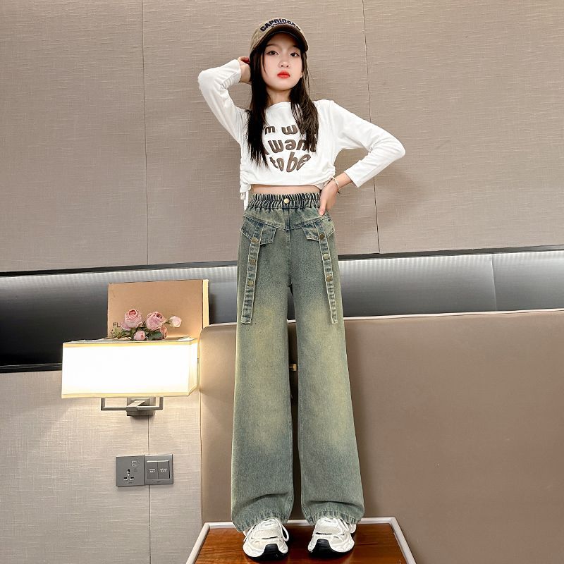 女童闊腿褲2024春秋新款中大童寬鬆外穿洋氣牛仔褲學生百搭長褲潮