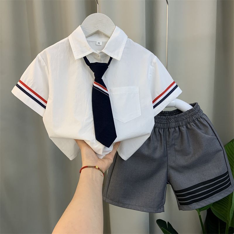 男童學院風套裝2024新款洋氣寶寶夏天短袖校服兒童痞帥夏裝兩件套