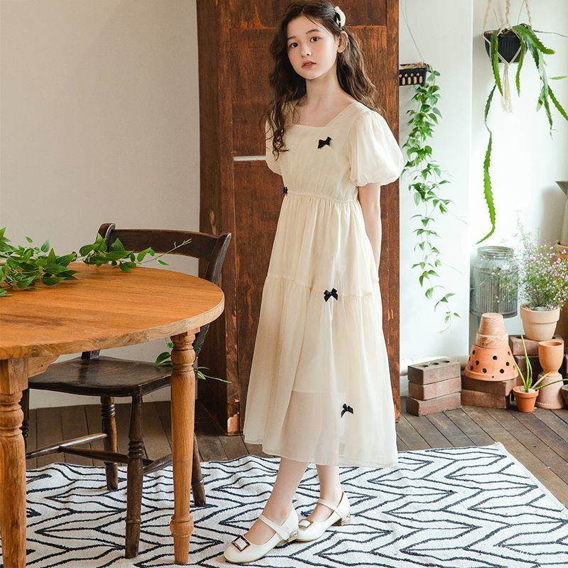 女童雪紡連衣裙2024洋氣女孩時髦泡泡袖中大童洋氣公主長裙子夏季