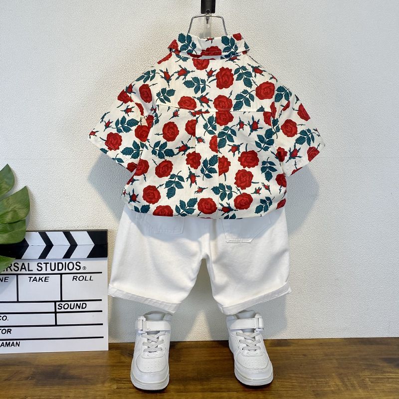 男童夏裝套裝短袖花襯衫2024新款寶寶夏季痞帥衣服洋氣小兒童裝