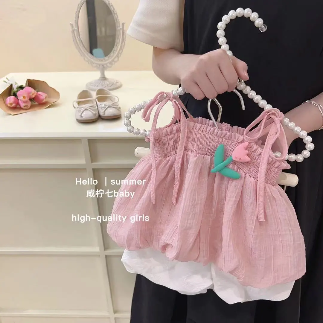女童夏裝兩件套2024新款中小童吊帶上衣洋氣雪紡衫女寶寶短褲套裝