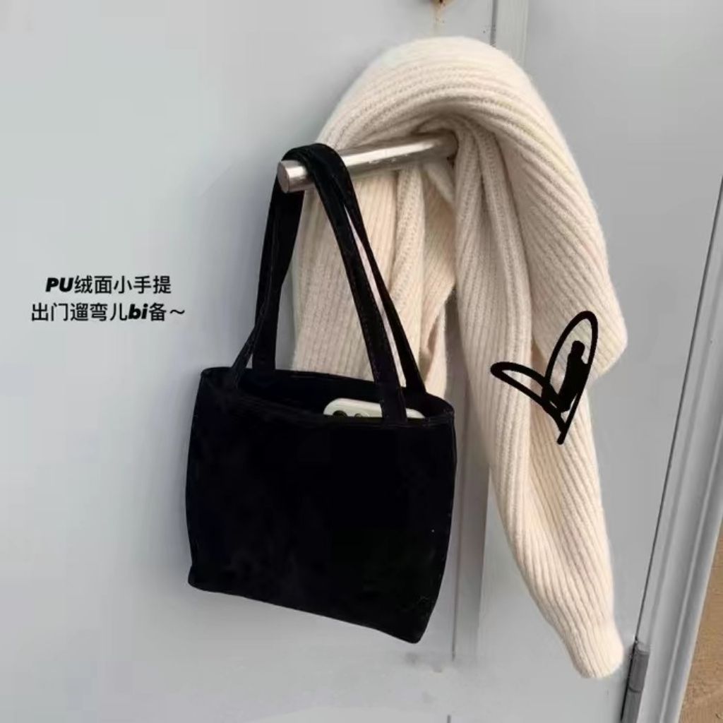 質感砂黑|pu絨料 小眾手提簡約小方包 秋冬百搭精緻小包包手機包