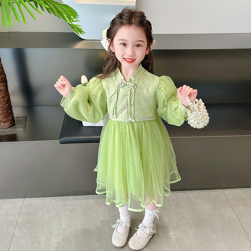 兒童新款春秋季2024女童甜美長袖網紗中國風連衣裙女寶寶秋裝裙子