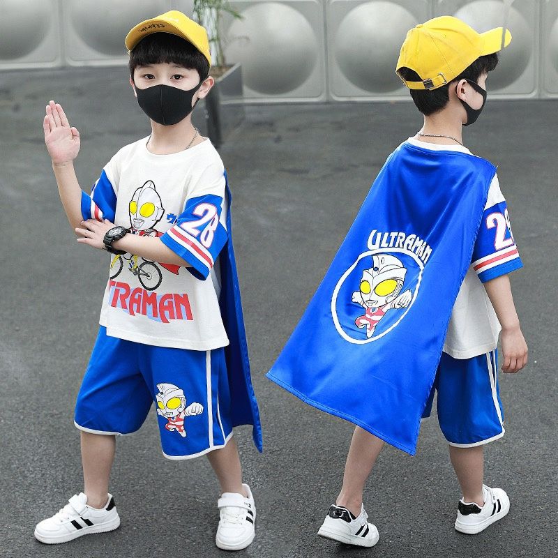 奧特曼衣服男童發光套裝2024新款夏裝兒童夏季披風短袖帥氣時髦潮