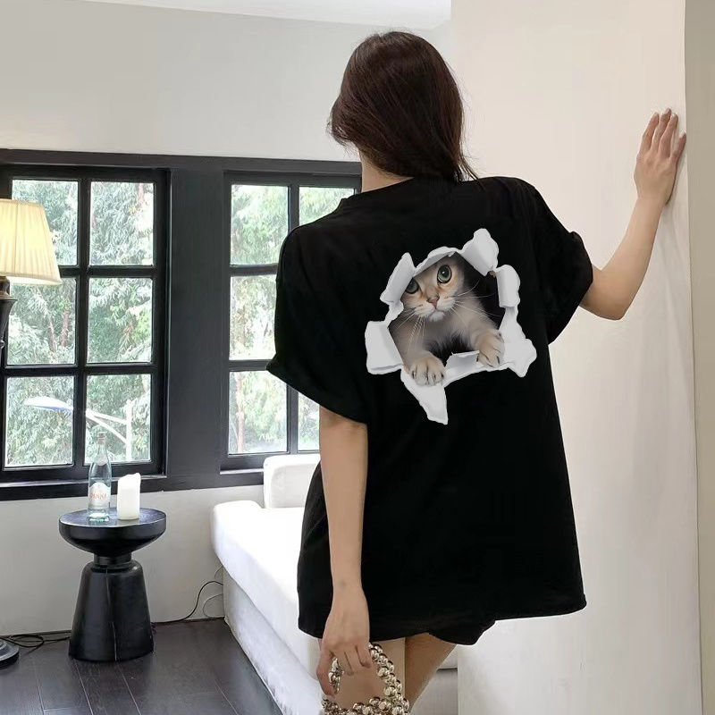 2024 new summer large size slimming short-sleeved t-shirt women's fashionable round neck heavy industry cat front and back printed trendy top
