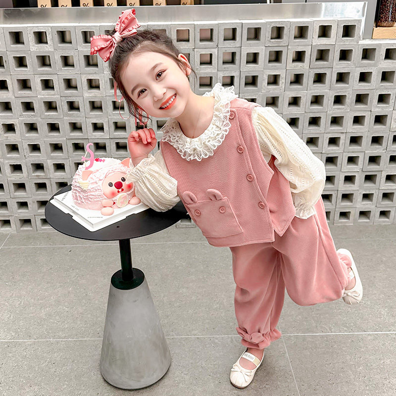 女童春款套裝2024新款兒童裝時髦娃娃衫公主風三件套女寶寶春裝潮