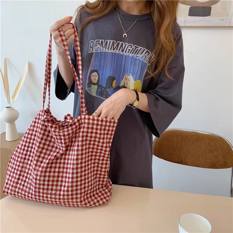 ins韓風網紅博主復古棉麻格子單肩包百搭系帶帆布包學生手提袋女