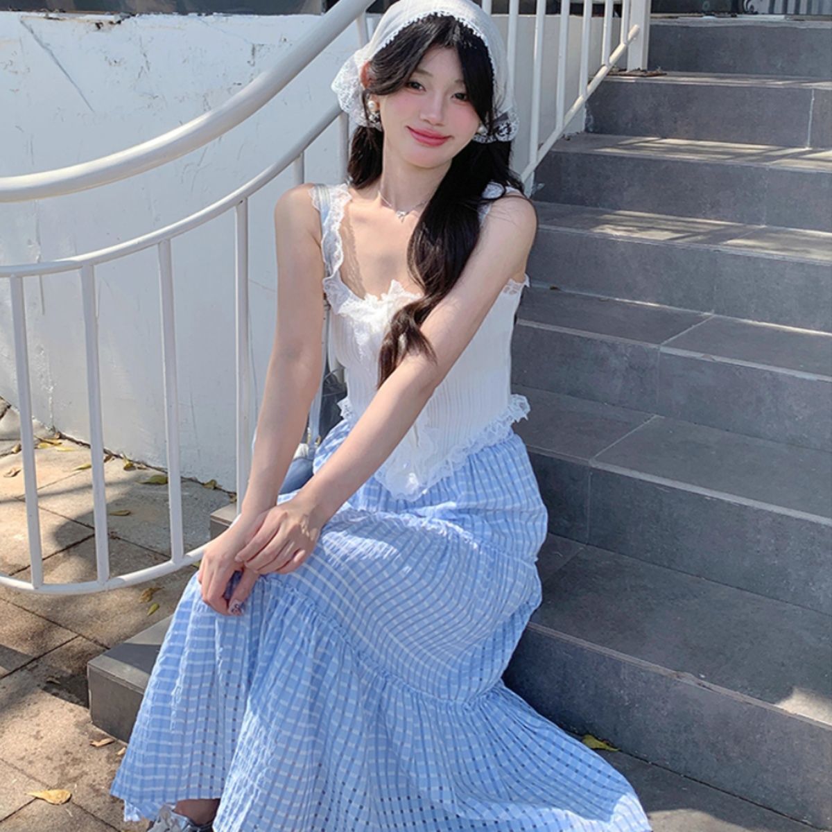 Gentle style suit for women in summer, sweet temperament, blue plaid skirt, high waist temperament cake skirt, long skirt with full hem