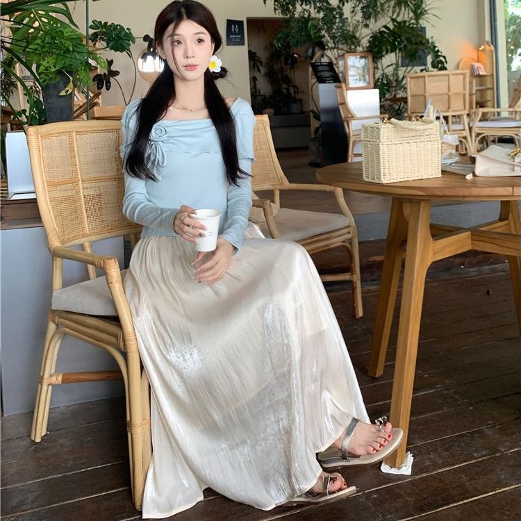 Gentle style suit for women in spring, French style, irregular long-sleeved T-shirt, high-waisted mid-length skirt, two-piece set