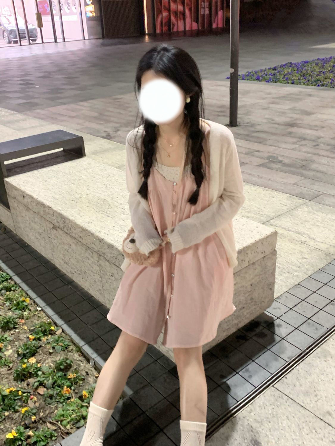 温柔风套装女小个子纯欲嫩粉连衣裙内搭小吊带长袖防晒开衫三件套