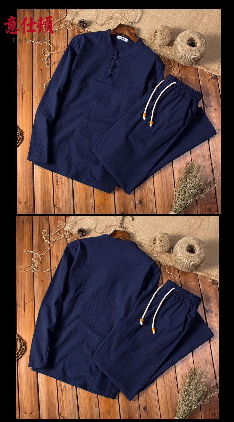 夏季汉服古风长袖T恤棉麻亚麻套装男宽松大码居士服中老年禅修服 detail 4