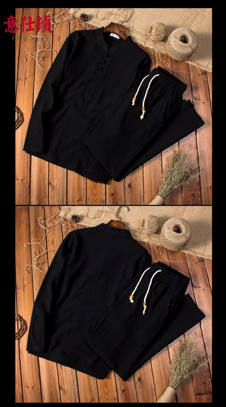 夏季汉服古风长袖T恤棉麻亚麻套装男宽松大码居士服中老年禅修服 detail 5