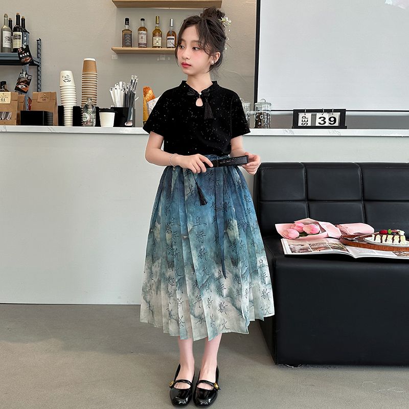 女童漢服馬面裙套裝夏裝2024新款洋氣復古風小女孩夏季唐裝連衣裙