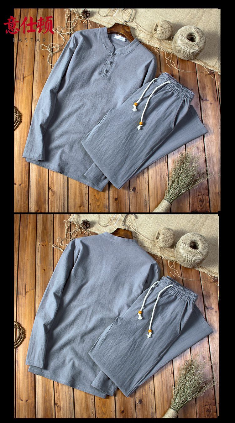 夏季汉服古风长袖T恤棉麻亚麻套装男宽松大码居士服中老年禅修服 detail 6
