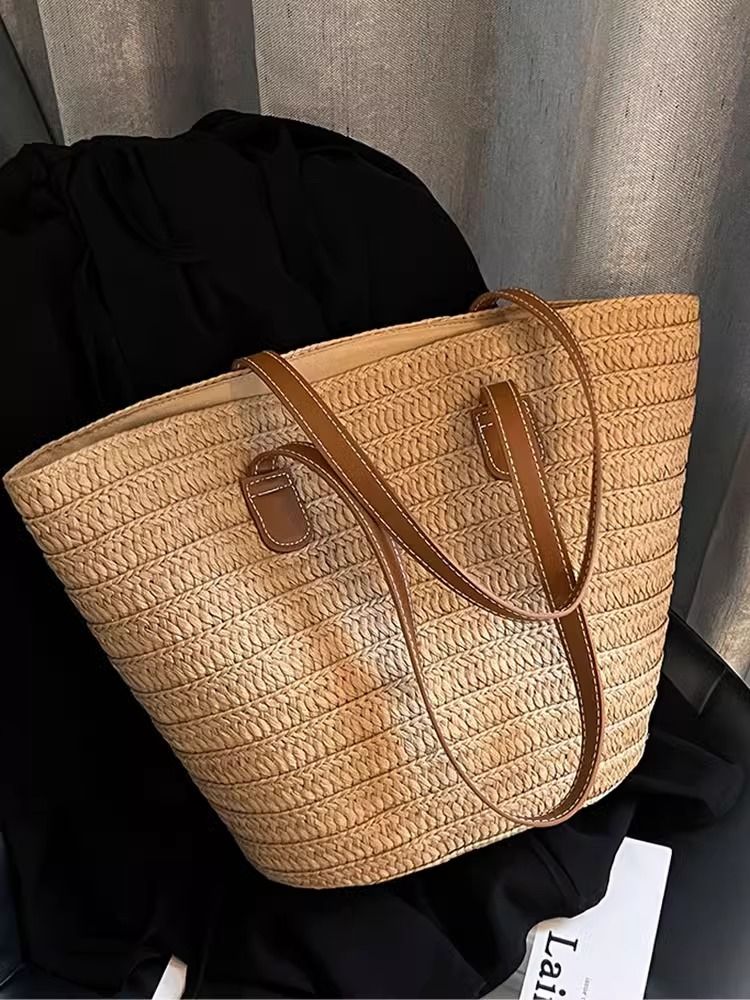 大容量編織草編包女夏天手提菜籃子度假沙灘包竹編水桶單肩托特包