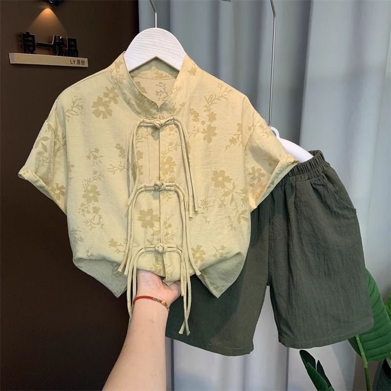 兒童漢服男童夏裝中式復古套裝2024新款寶寶短袖國風唐裝演出服潮