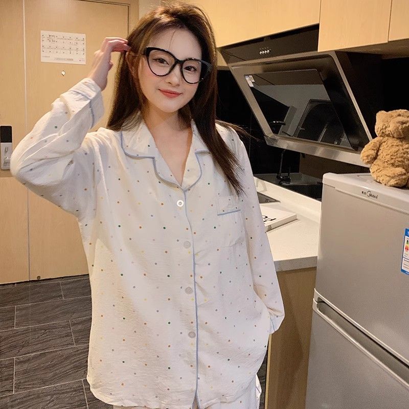 奶乎乎彩色波點睡衣女春秋款新款長袖簡約網紅風家居服可外穿套裝
