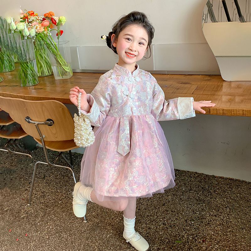 女童連衣裙2024新款洋氣國風漢服女寶春裝公主裙子兒童春秋款紗裙