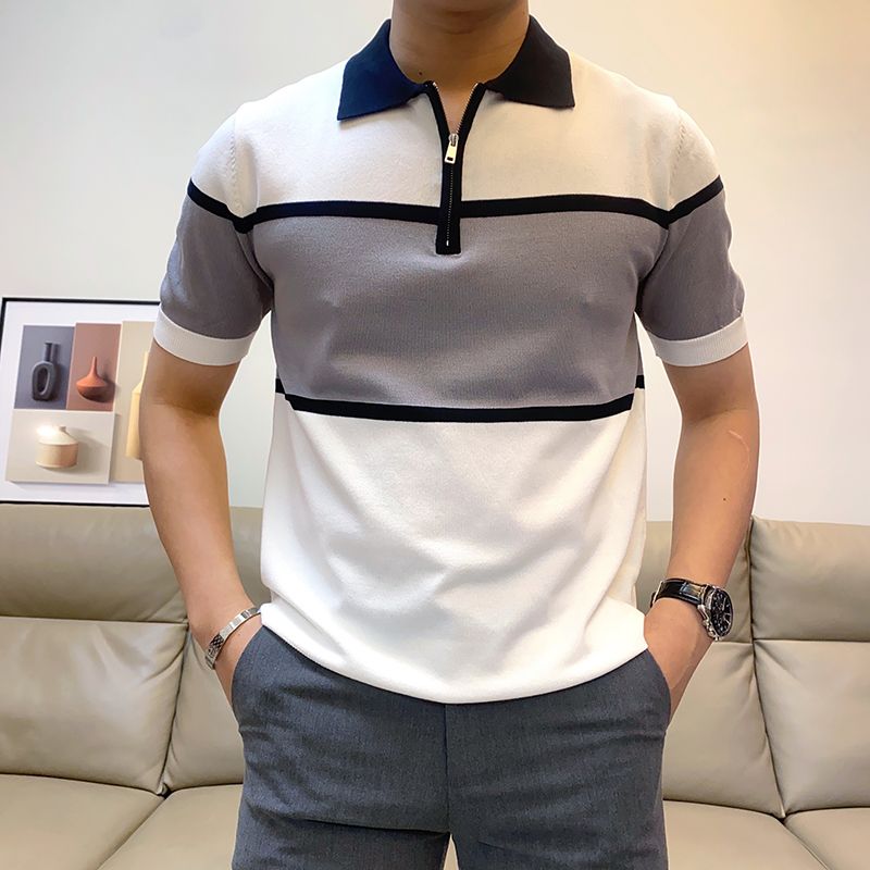 Summer New Half-Zip British Fashion Short Sleeve Polo Shirt Men's Trendy Stylish T-Shirt Knitwear 1/2 Piece_voghion.com