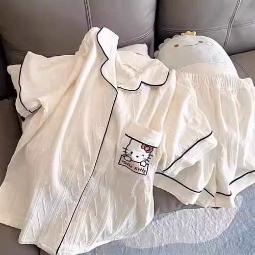 日系KT貓睡衣女夏季2024年新款短袖可愛卡通凱蒂貓短褲家居服套裝