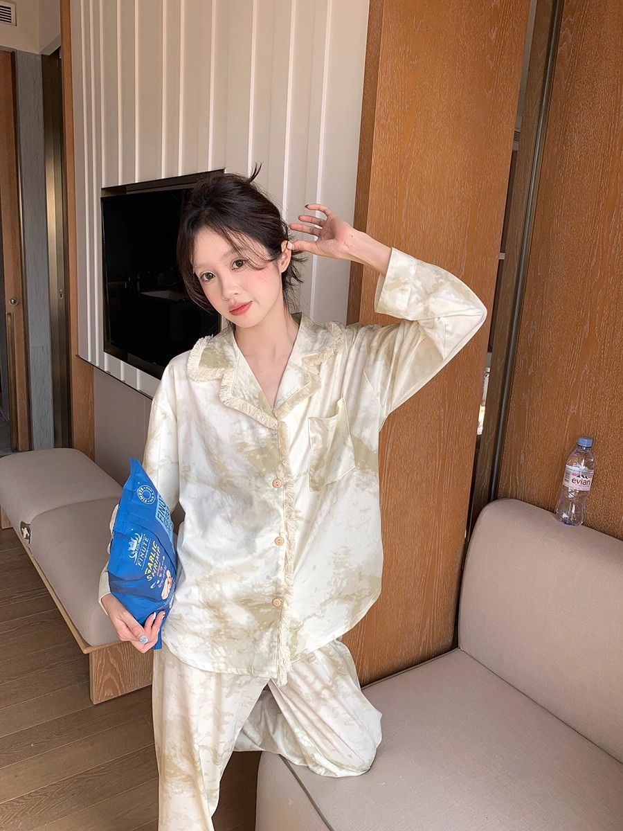 水墨畫睡衣女春秋款長袖2024年新款長褲扎染流蘇花邊家居服套裝