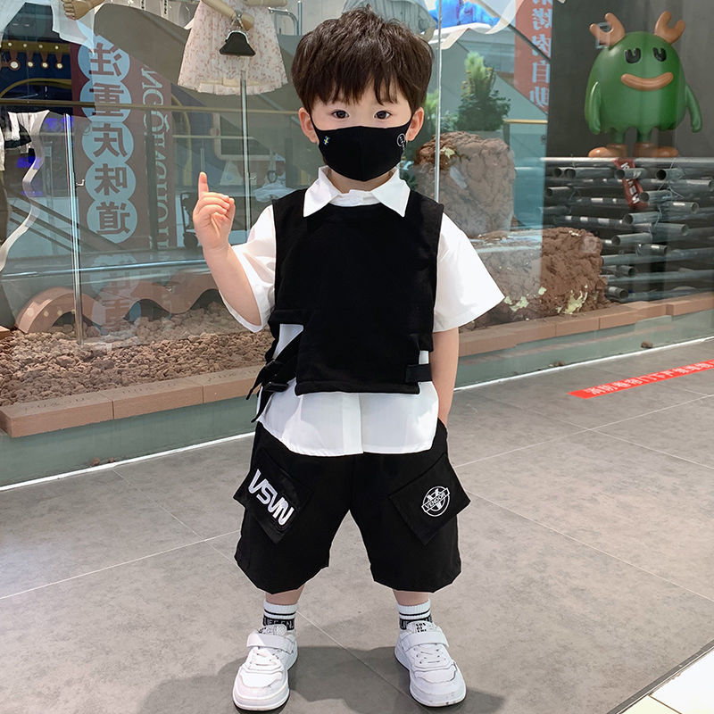 男童夏裝套裝2024新款洋氣寶寶網紅時髦衣服潮男孩兒童痞帥三件套