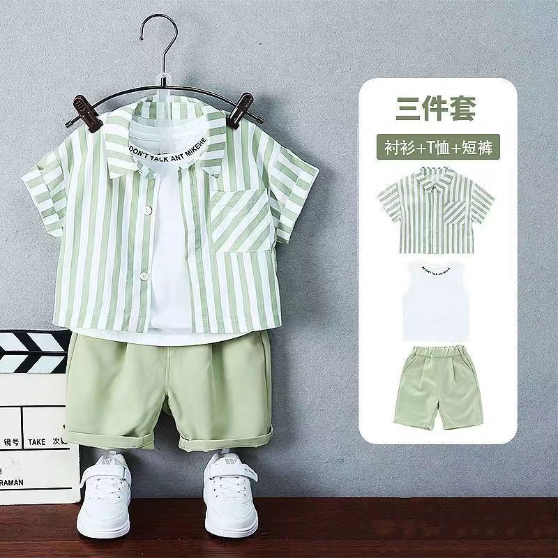 男童襯衫套裝夏季新款3兒童條紋短袖短褲5女寶寶休閒清新三件套潮
