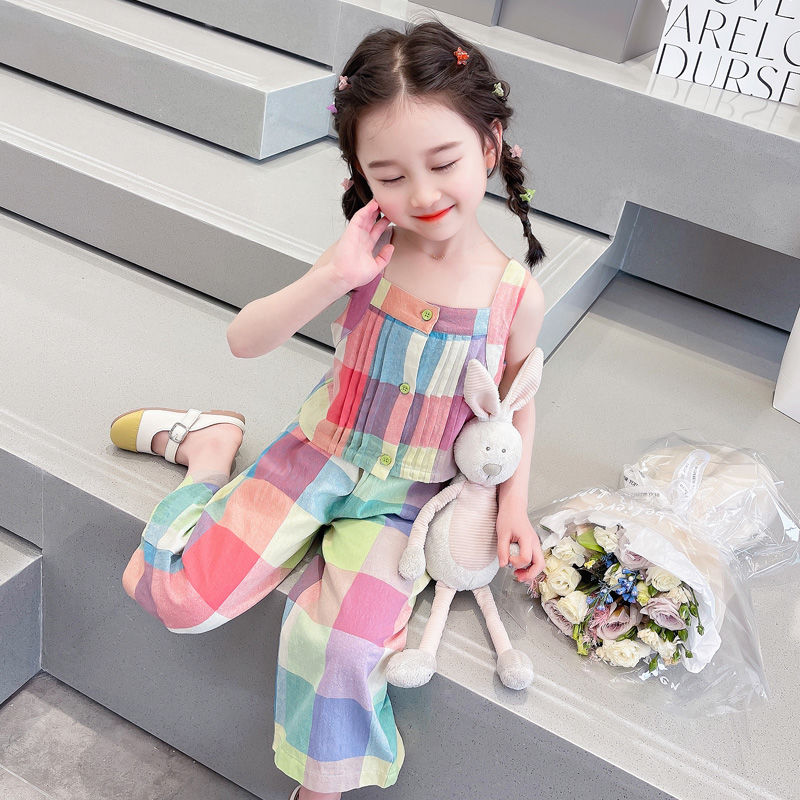 女童夏款格子套裝2024洋氣夏季女寶寶吊帶兩件套時髦兒童夏裝衣服