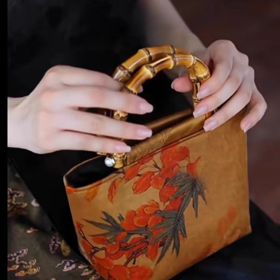 香雲紗竹節旗袍手提包包女2024新中式國風復古漢服竹柄手拎包女