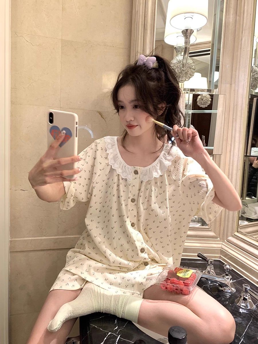 韓系甜美碎花睡衣女夏季短袖2024新款圓領短褲可愛學生家居服套裝