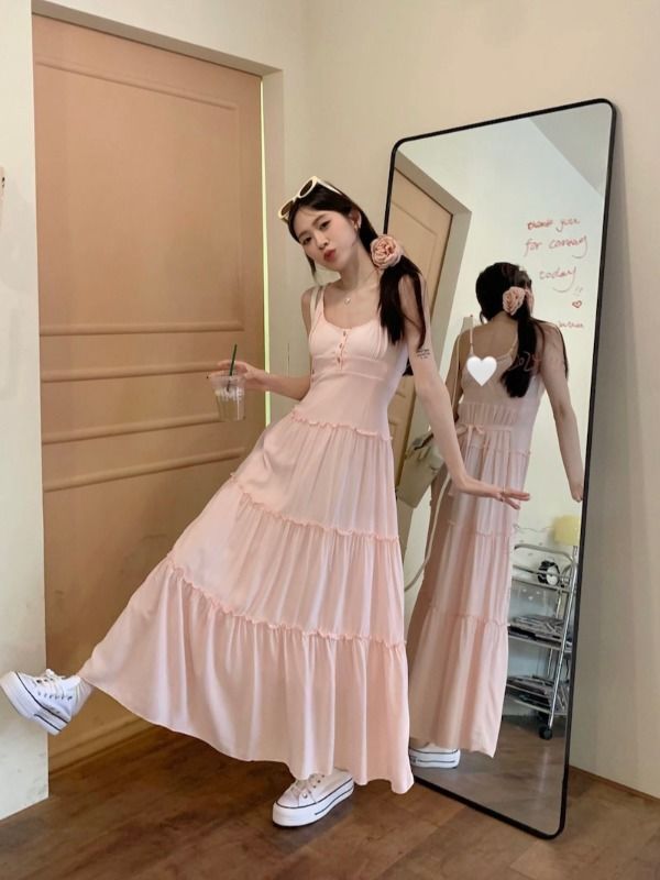 Pink sweet suspender dress for women summer pinch waist skirt temperament gentle style skirt seaside vacation a-line long skirt