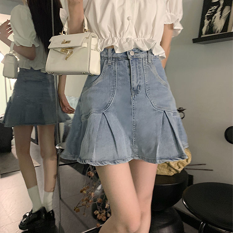 Summer Korean college style petite sweet puff sleeve shirt top for women + high waist slim pleated skirt