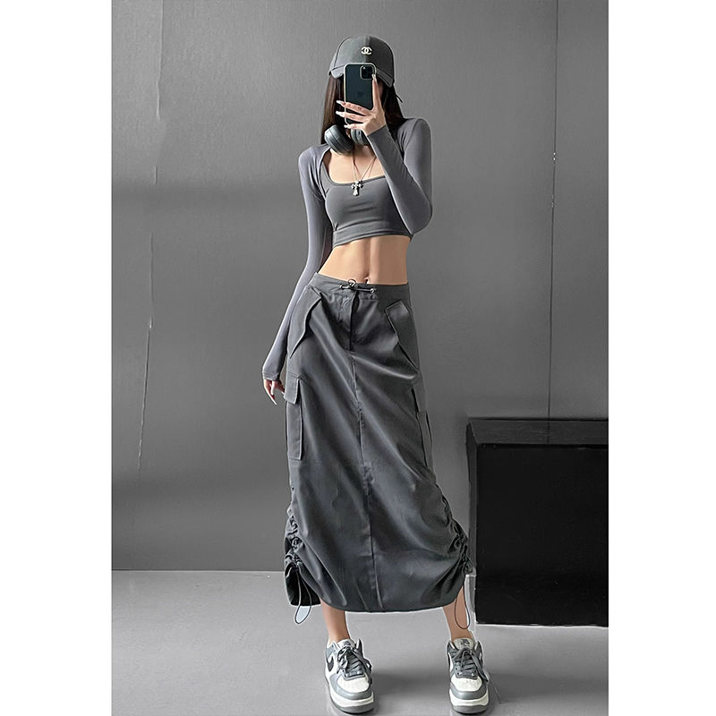 European and American hot girls have many pockets, versatile drawstring workwear skirts, women's summer new slimming mid-length a-line skirts