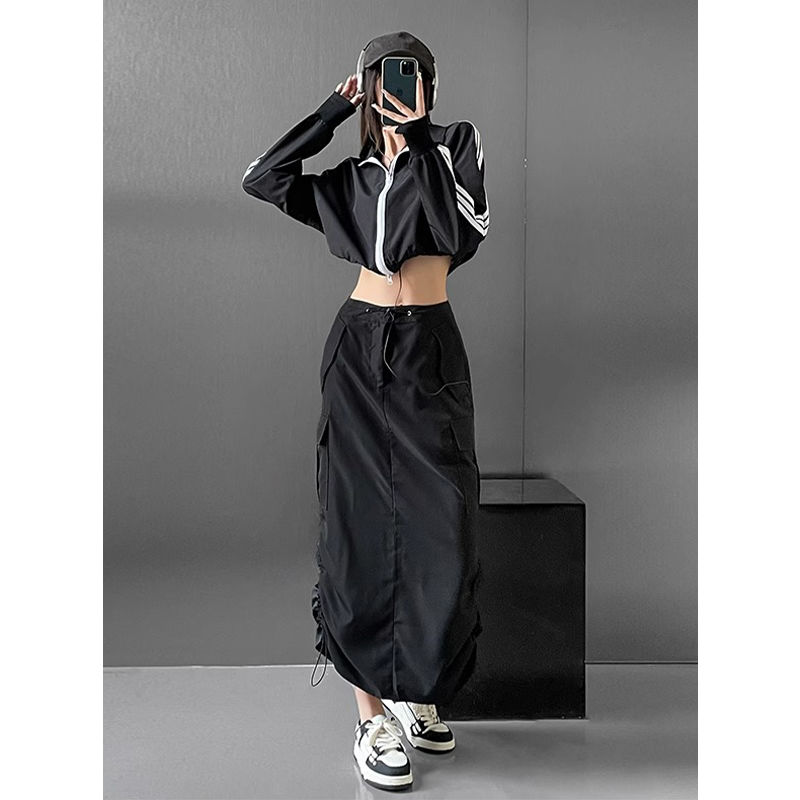 European and American hot girls have many pockets, versatile drawstring workwear skirts, women's summer new slimming mid-length a-line skirts
