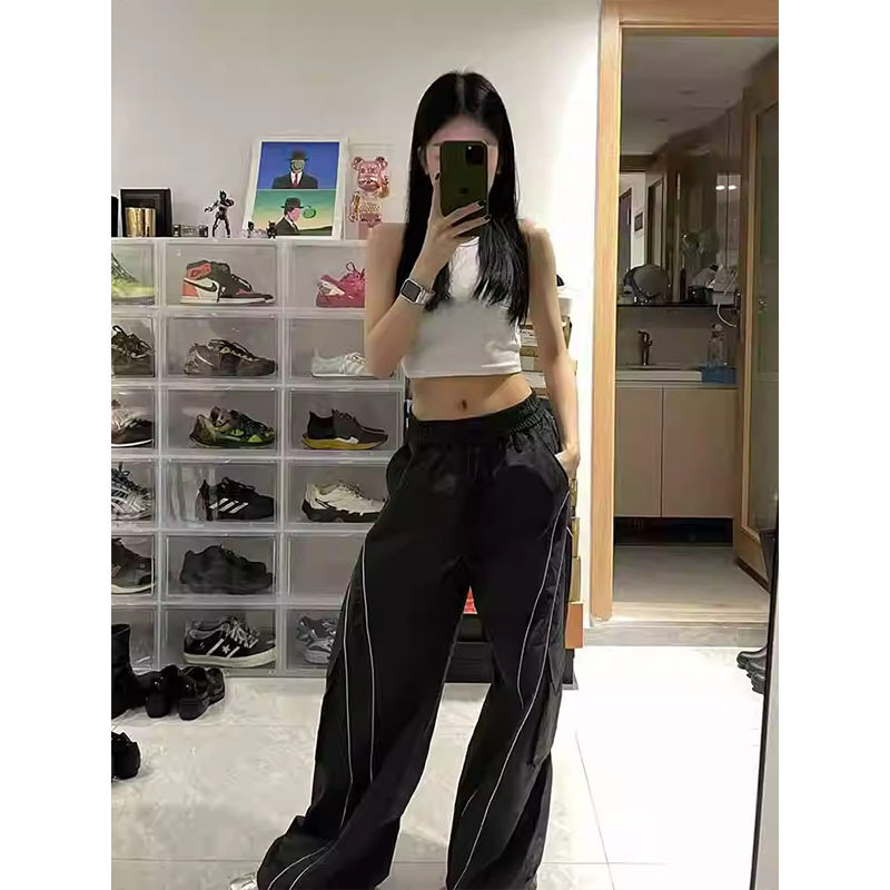 Hong Kong style retro niche personality versatile gray overalls for women spring new trendy loose straight casual trousers