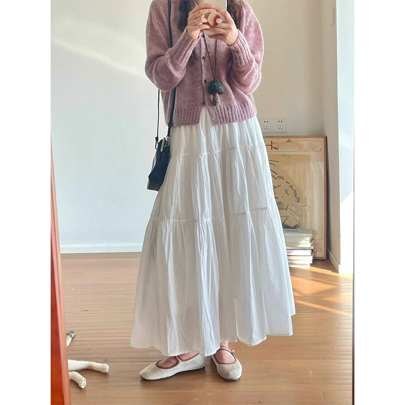 Summer new slimming white high-waisted puffy skirt for women Korean style niche lazy style versatile a-line pleated long skirt