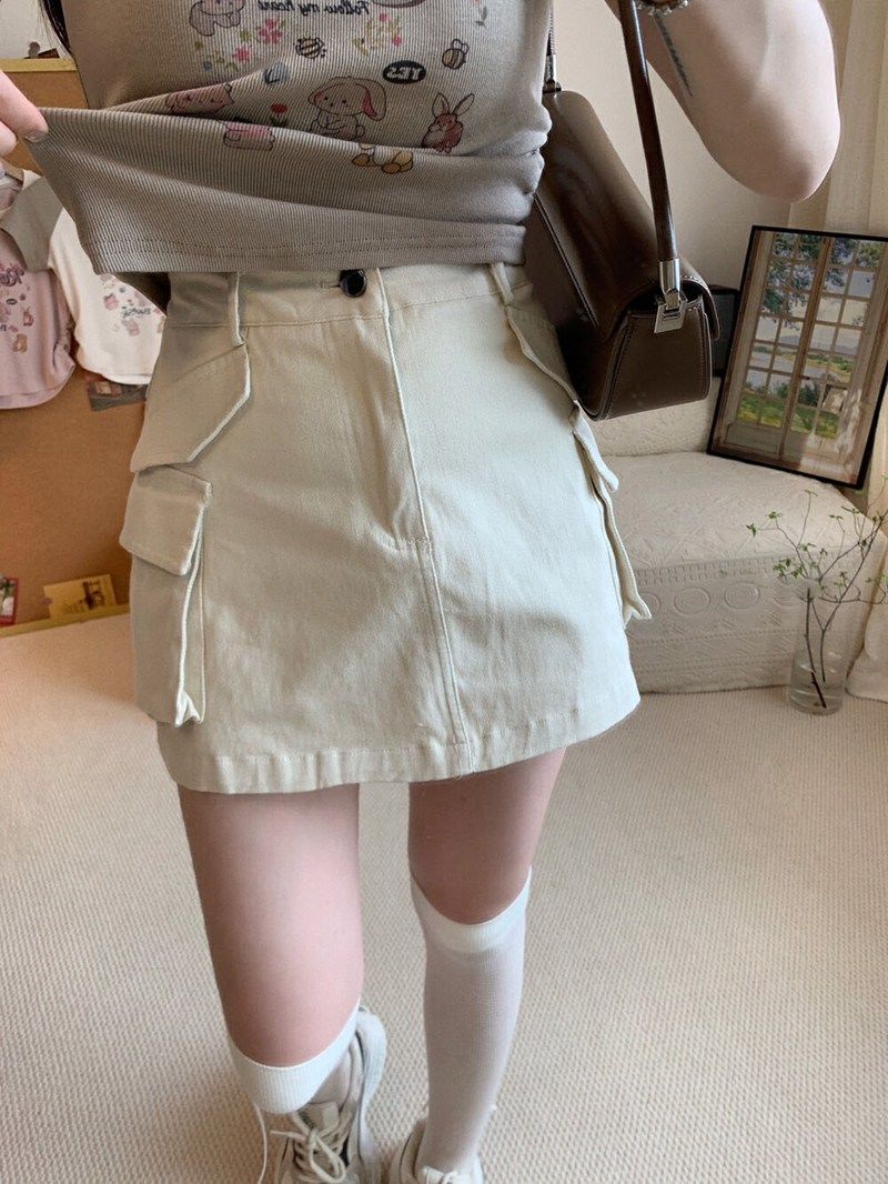 Large size American workwear denim short skirt for women in summer with multi-pocket high-waist slim A-line skirt trendy