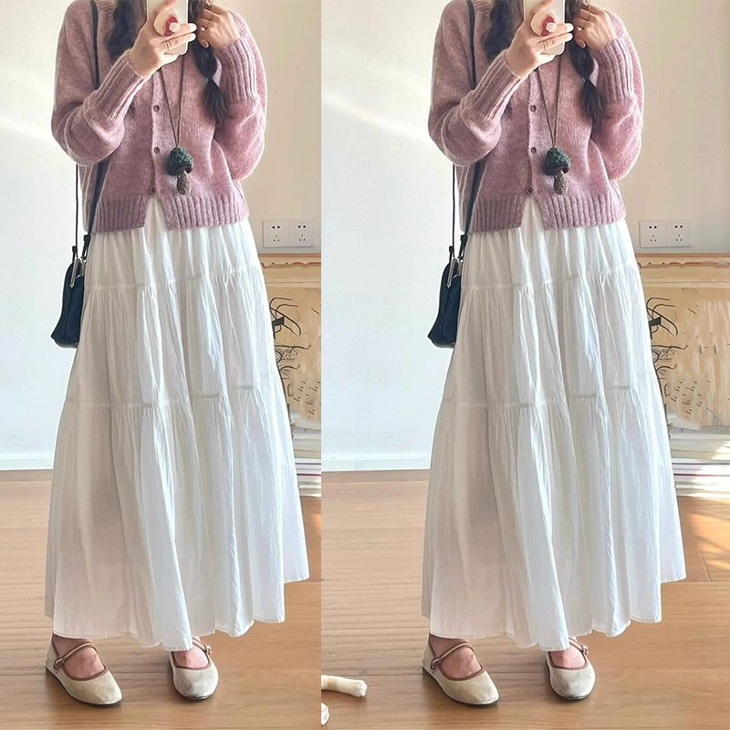 Summer new slimming white high-waisted puffy skirt for women Korean style niche lazy style versatile a-line pleated long skirt