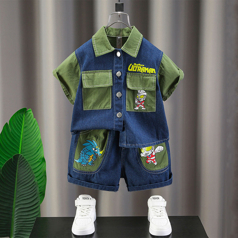 奧特曼男童衣服夏裝2024新款兒童裝薄款牛仔襯衫套裝帥氣炸街夏款